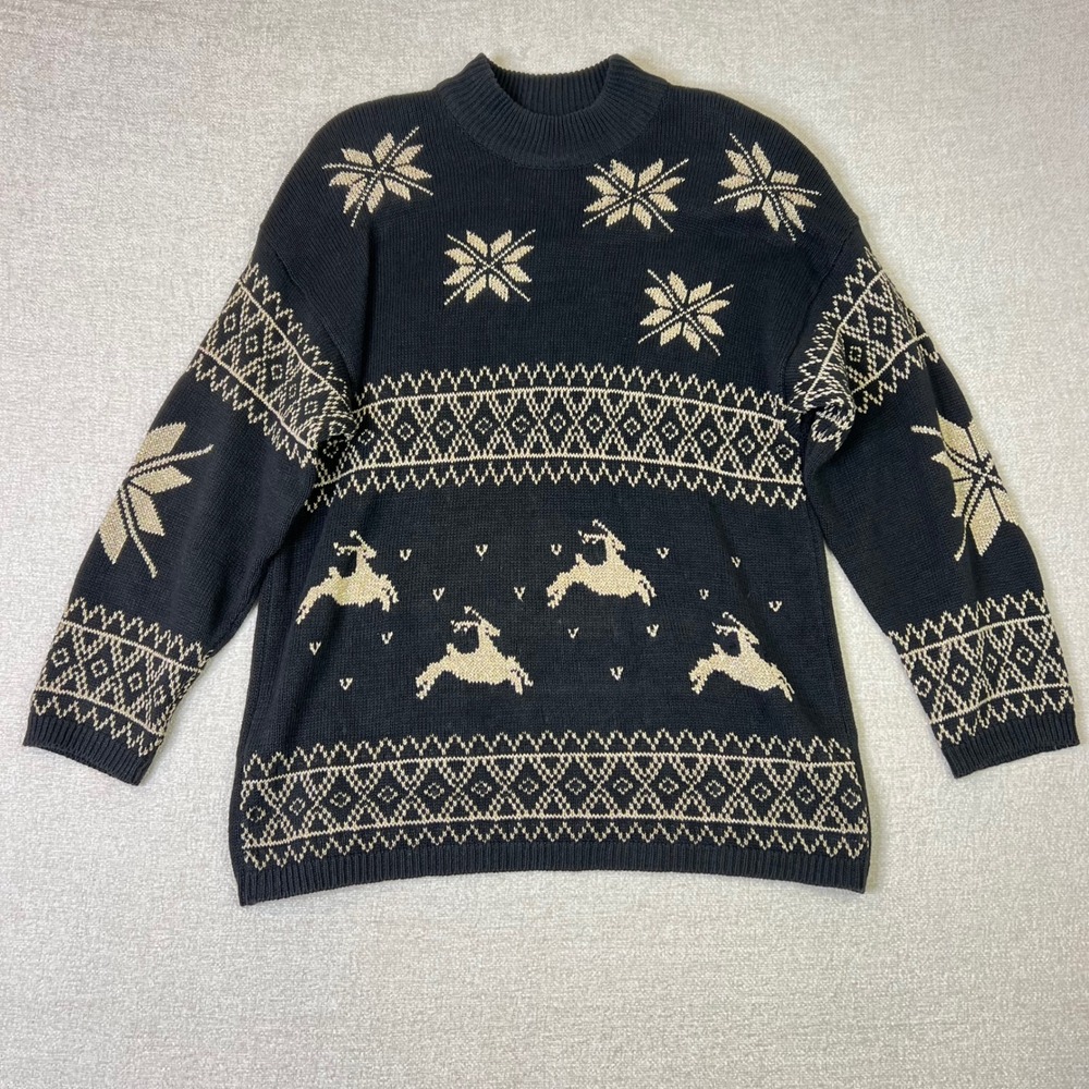 Eminent Vintage Reindeer Snowflake Knit Sweater Black Gold Large Festive Winter